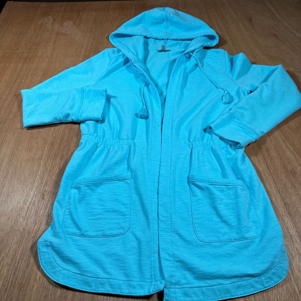 T by Talbots Open Front Hoodie Cardigan Women S Blue Knit Drawstring Tassel